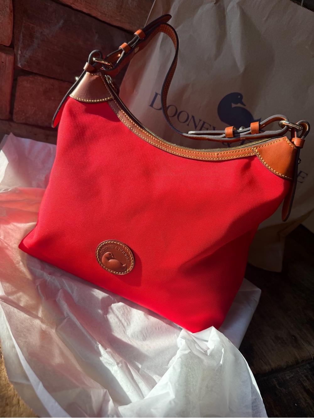 Dooney & Bourke Red Nylon Shoulder Bag with Brown Leather Trim
